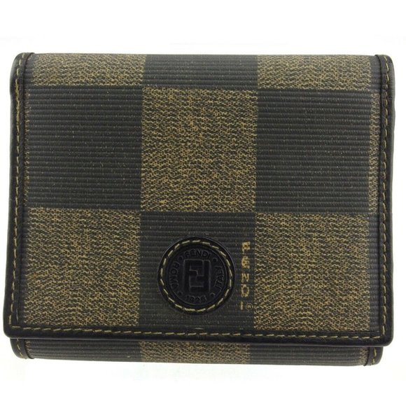Authentic FENDI tri-fold wallet block check beige PVC �~ leather Auth used - Picture 1 of 9